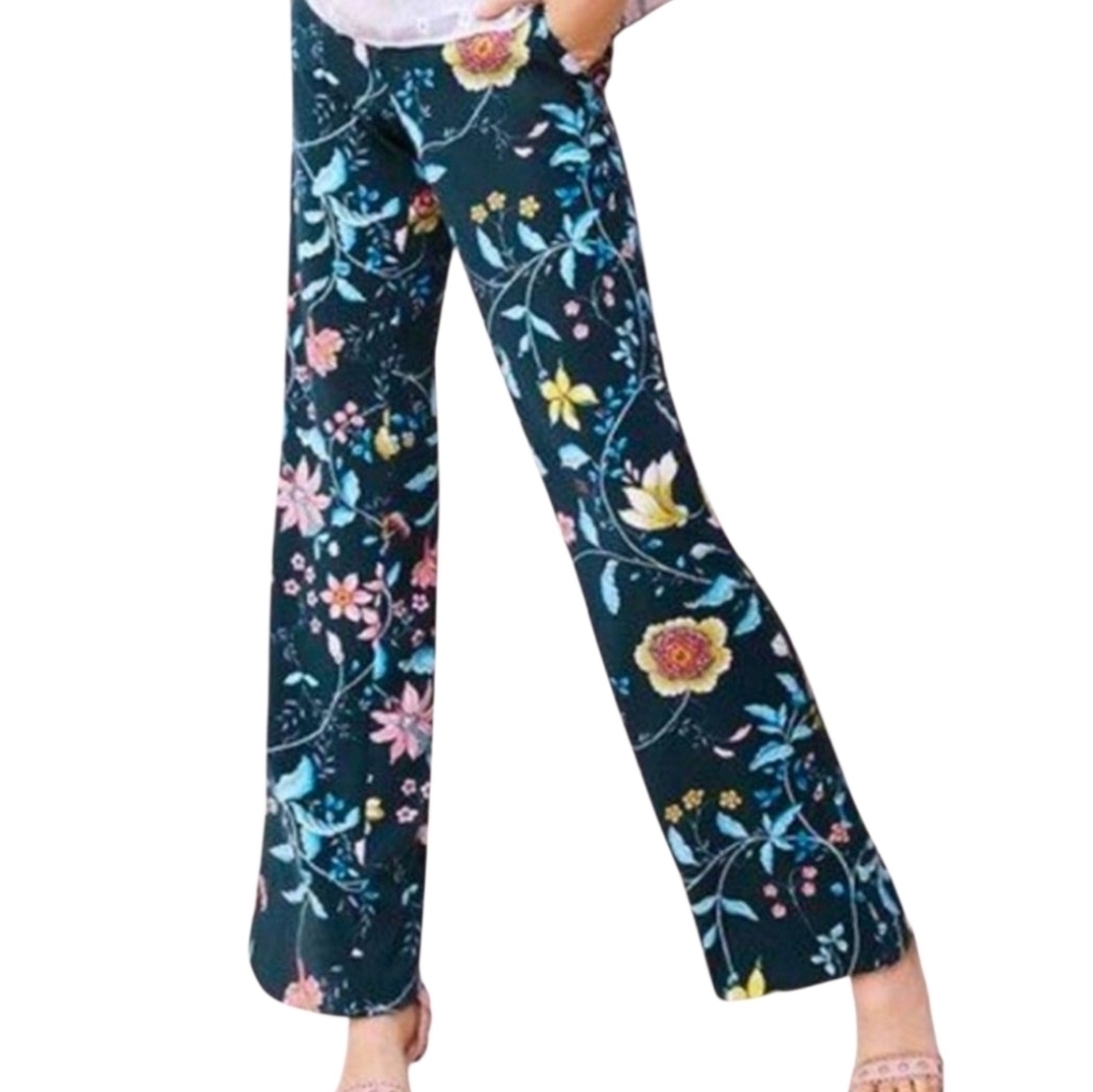 Loft Petites | Women's Dark Green Floral Straight Leg Dress Pants (Size 6P)